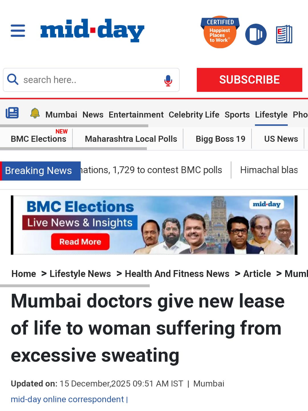 Mumbai doctors give new lease of life to woman suffering from excessive sweating