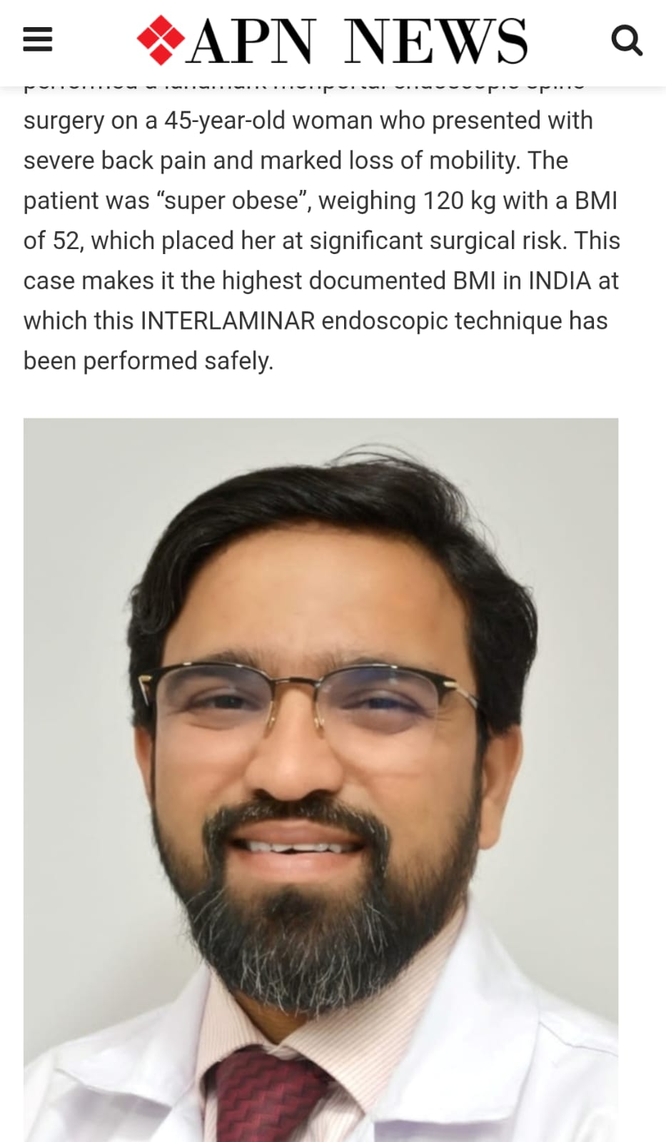 Precision Endoscopic Spine Surgery at Jaslok Hospital Enables Safe Treatment of Patient Super Obesity India’s First