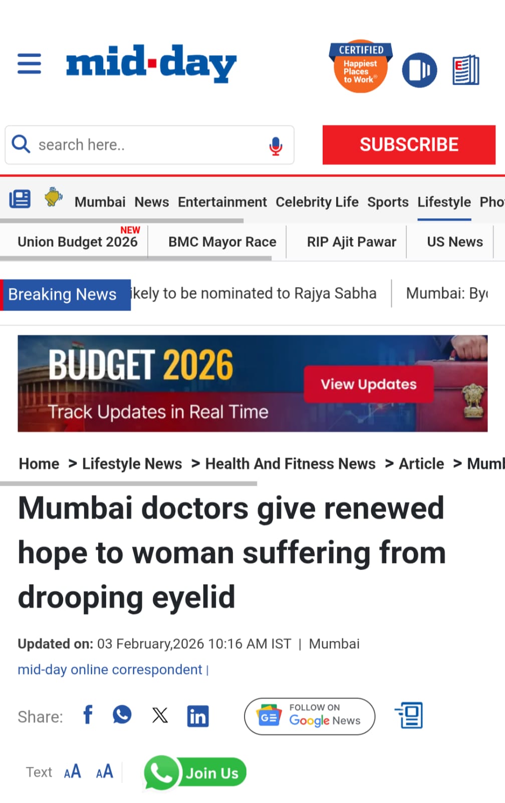 Mumbai doctors give renewed hope to woman suffering from drooping eyelid