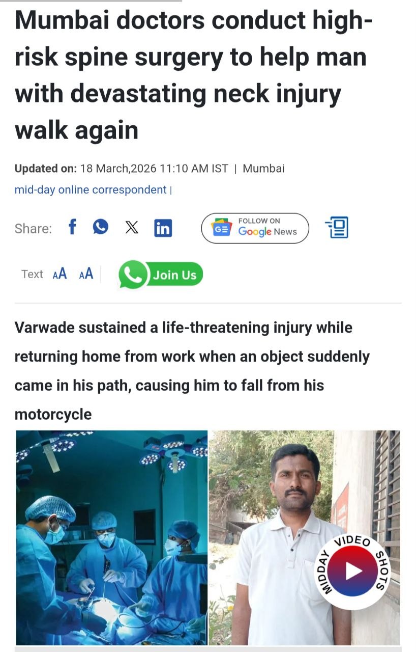 Mumbai doctors conduct high-risk spine surgery to help man with devastating neck injury walk again