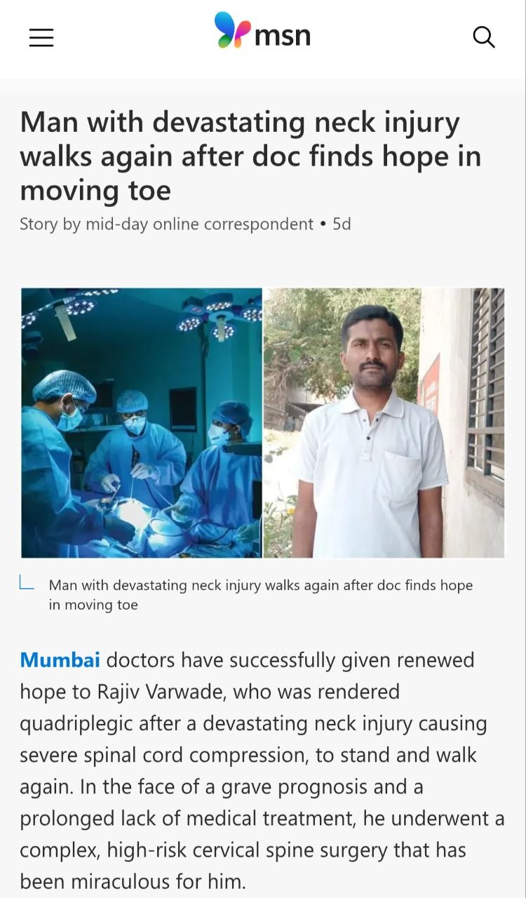Mumbai doctors conduct high-risk spine surgery to help man with devastating neck injury walk again