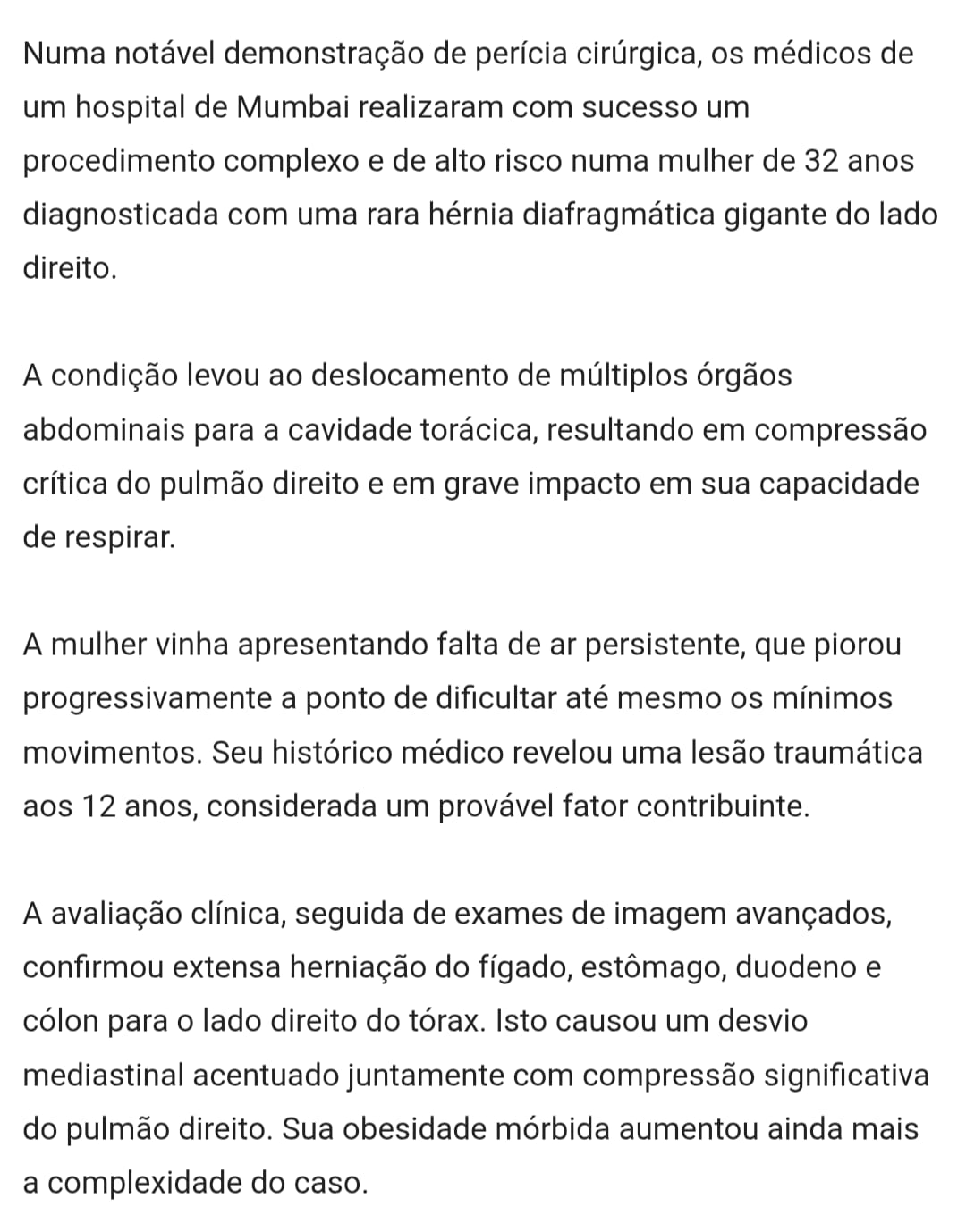 Médicos de Mumbai salvam a vida de uma mulher que não consegue respirar devido a uma enorme hérnia de 20 cm